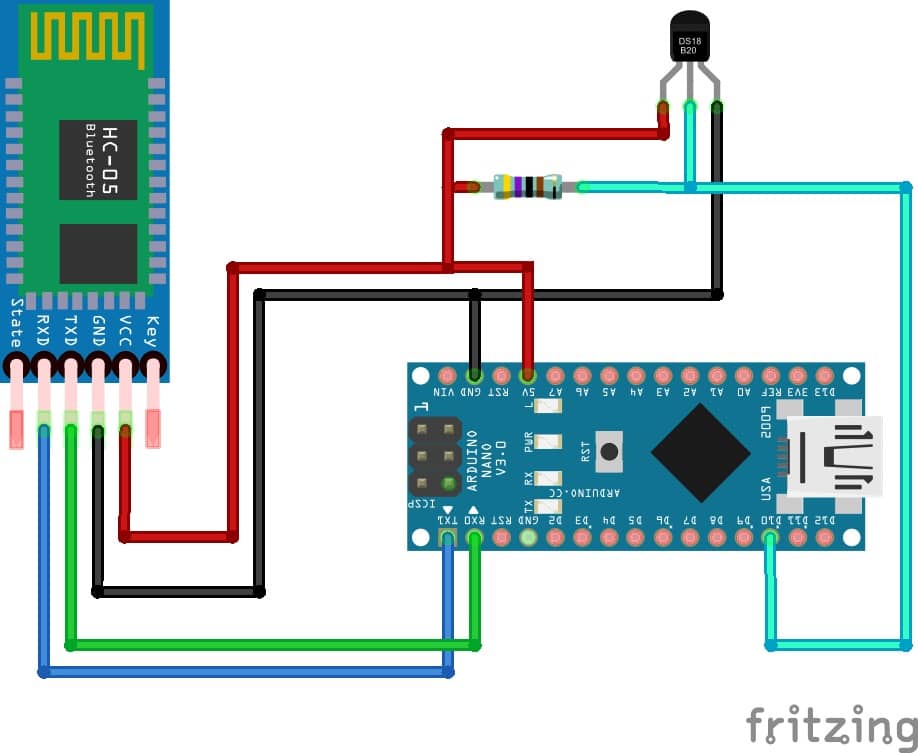 arduino та ds18b20 і bluetooth схема